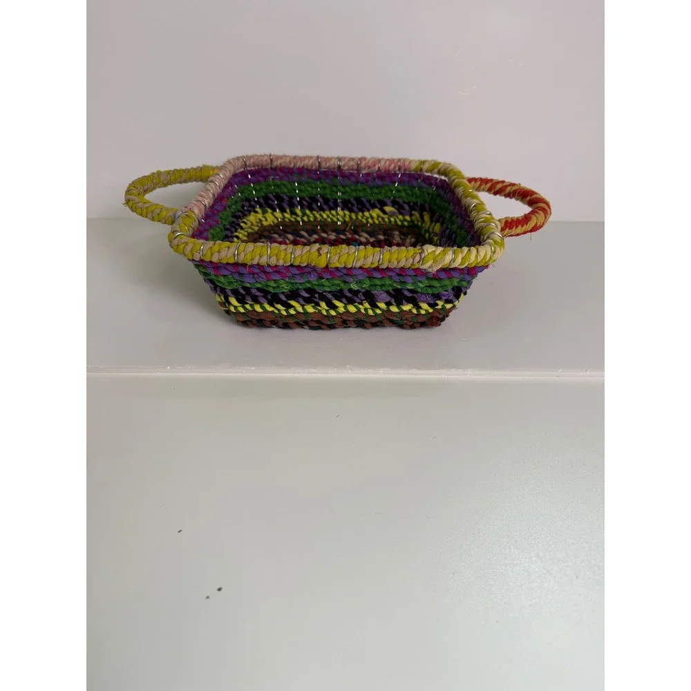 Handmade Multi Color Woven Fabric Wire Square Basket with Handles Boho Folk Art
